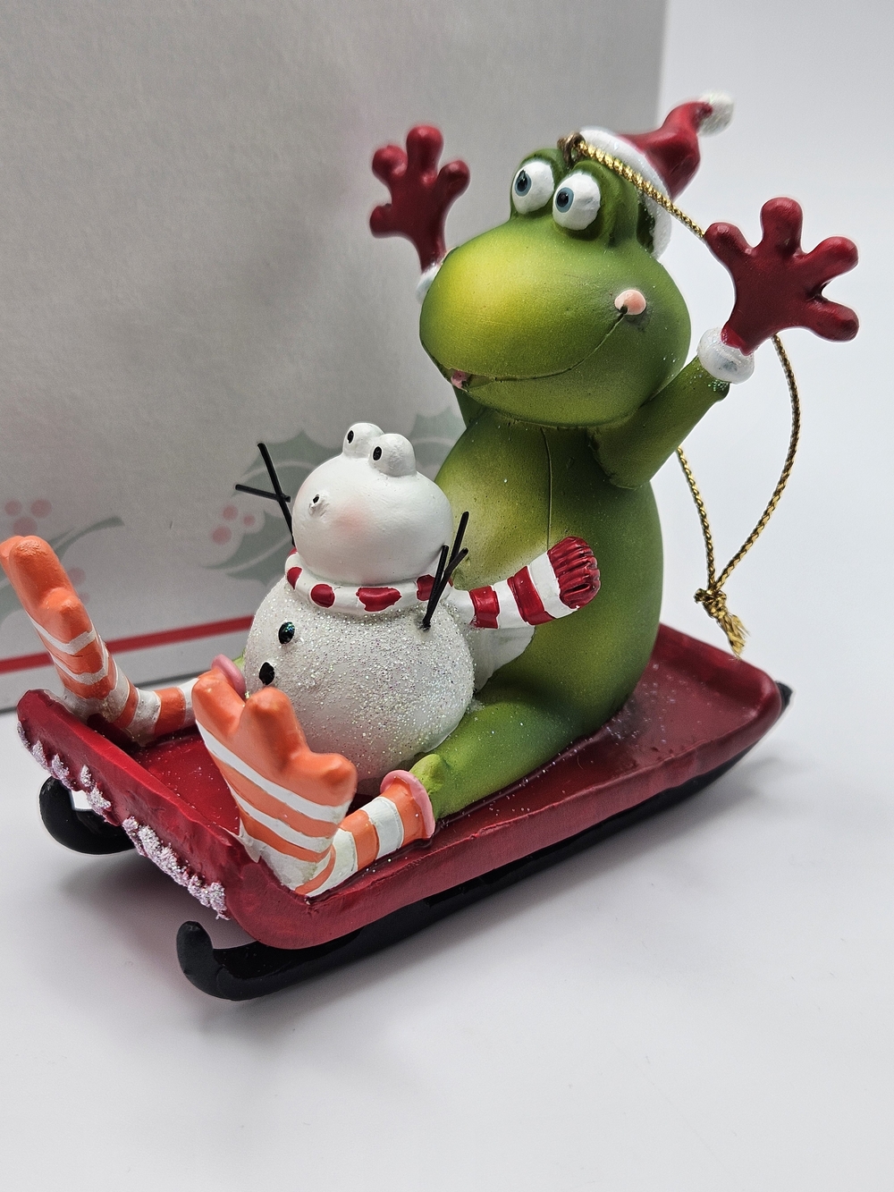 NEW Frog with Snowman Sled Holiday Ornament Bronner's Box Let It Snow